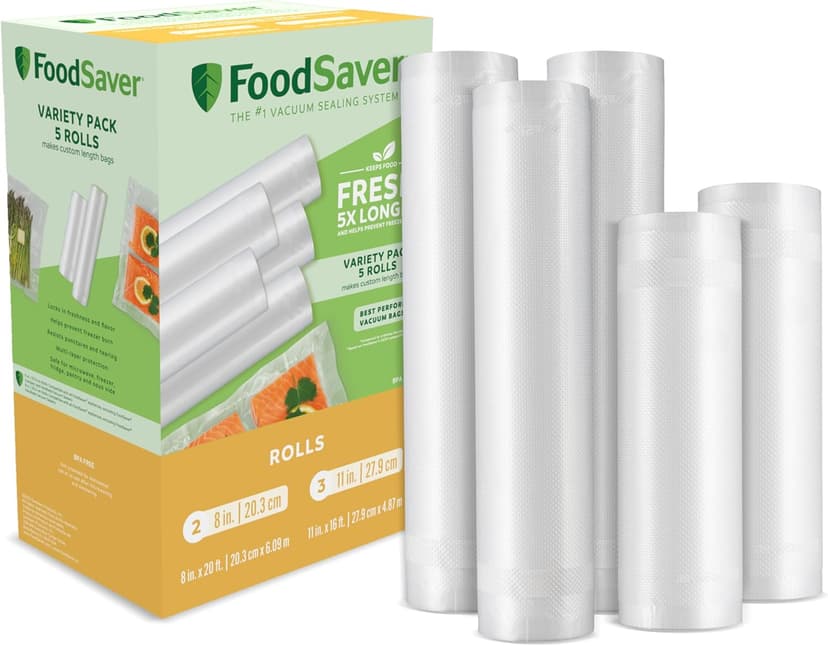 FoodSaver Custom Length Vacuum Sealer Bags Multipack, 5 Count Rolls for Airtight Food Storage and Sous Vide - Compatible with FoodSaver, 8 (2 Pack) and 11 (3 Pack)