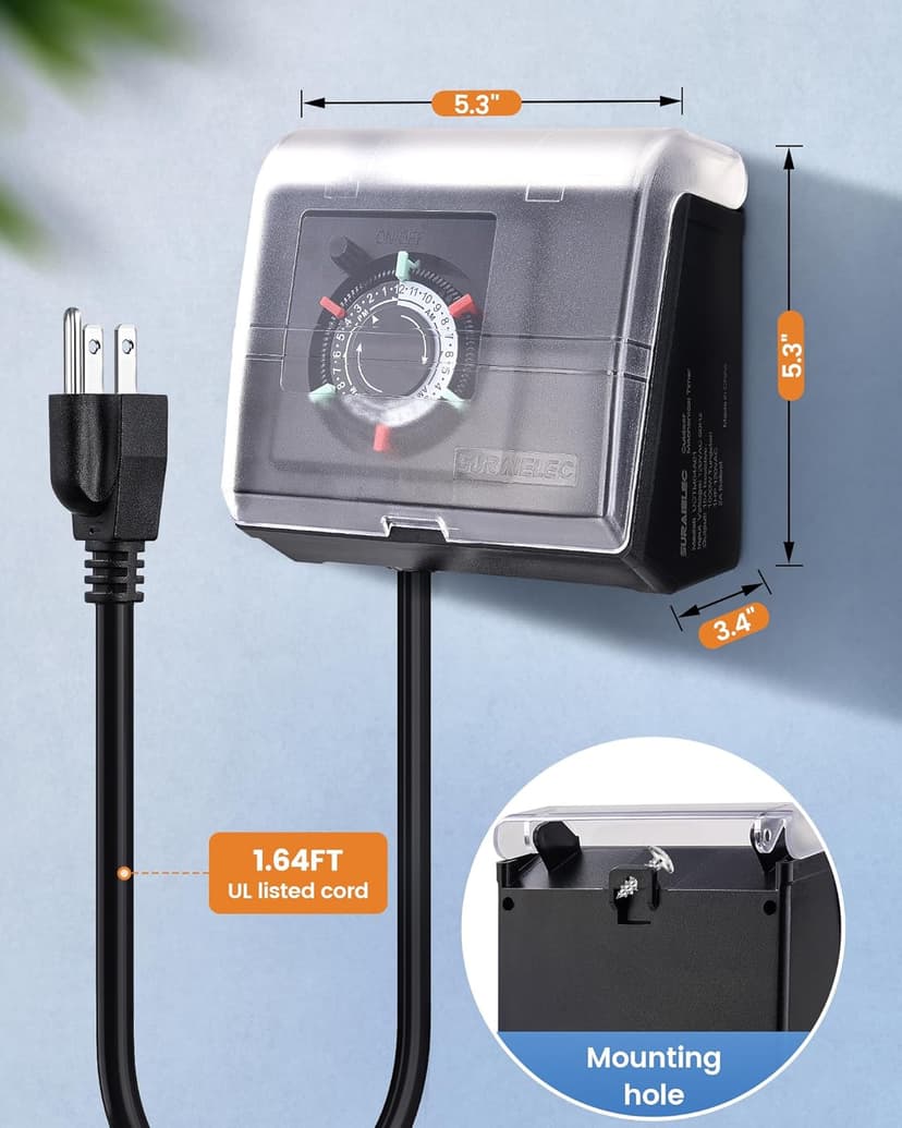 SURAIELEC Mechanical Pool Timer for Above Ground Pools, NEMA 5-15R Plug-in 24-Hour Timer with Dual Outlets, 15A 125V 1HP, Up to 3 Daily Settings, Weatherproof Cover for Pool Pumps, Outdoor Lighting