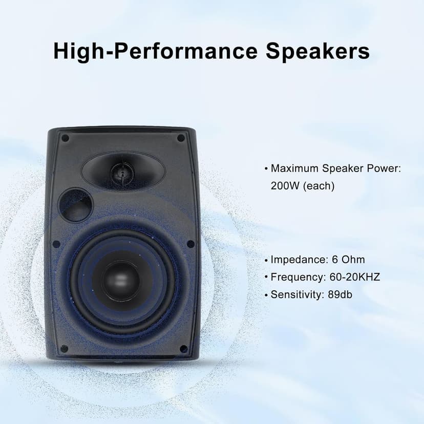 Herdio 6.5 Inch 800W Outdoor Bluetooth Speakers Wired Waterproof with Multifunctional Amplifier, Wall Mount Speaker for Patio Home Poolside Deck Backyard(2 Pairs,Black)