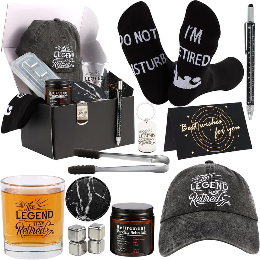 Kolewo4ever 14 Pcs Retirement Gifts for Men Christmas Gifts for Dad 2025 Happy Retired Gift Basket for Coworker, Teachers, Dad, Grandpa Best Retirement Gift Box with Whisky Set Baseball Cap Socks