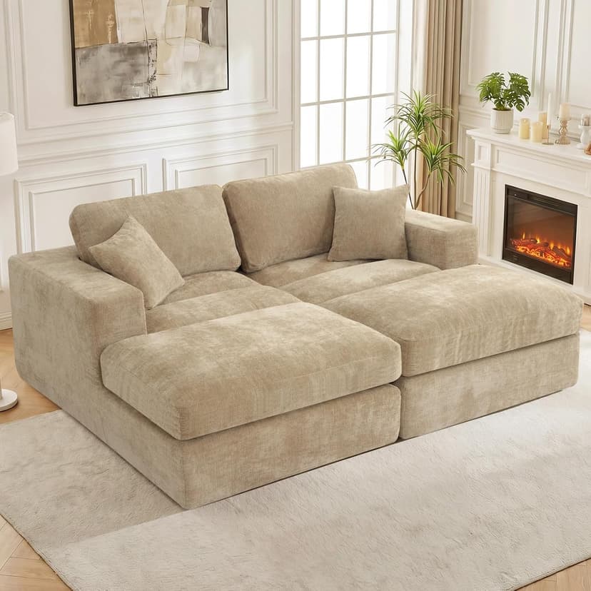 80.7" Oversized Double Chaise Lounge Chair Indoor, Cloud Boneless Sleeper Sofa Bed with 4 Pillows, Extra Deep Seat Cozy Loveseat Couch for Living Room Bedroom, No Assembly Required (Khaki)