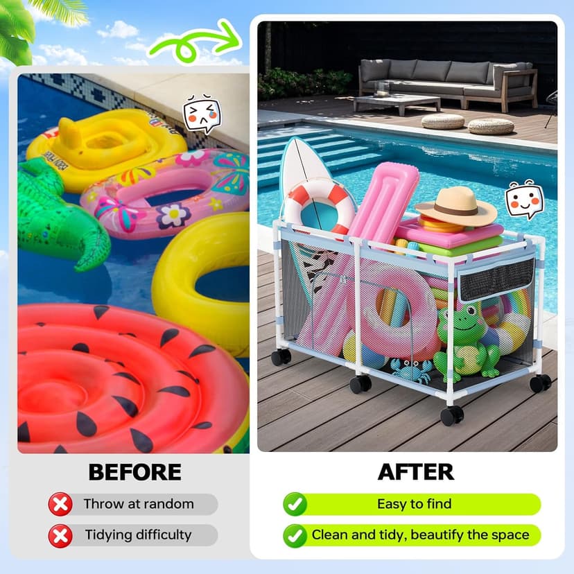 Pool Float Storage - Outdoor Pool Toy Storage Organizer for Pool Noodles, Toys, Floats, Beach Balls, and Equipment, Above Ground Pool Accessories, Rolling Outdoor Pool Storage Bin with Zipper Design
