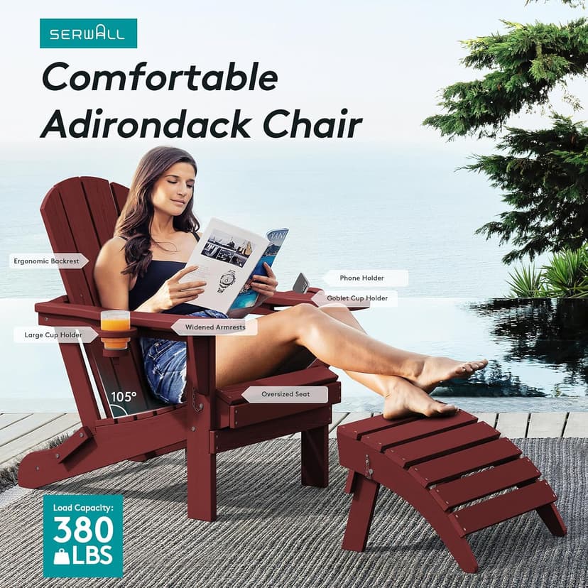 SERWALL Adirondack Chair with Cup Holders - Composite Adirondack Chairs Set of 2 HDPE Outdoor Chairs All Weather Use- Dark Red