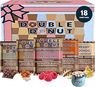 Double Donut Coffee Flavored Hot Chocolate Packets Variety Pack,18 Count Includes Classic, Chocolate Raspberry, Salted Caramel & Peppermint
