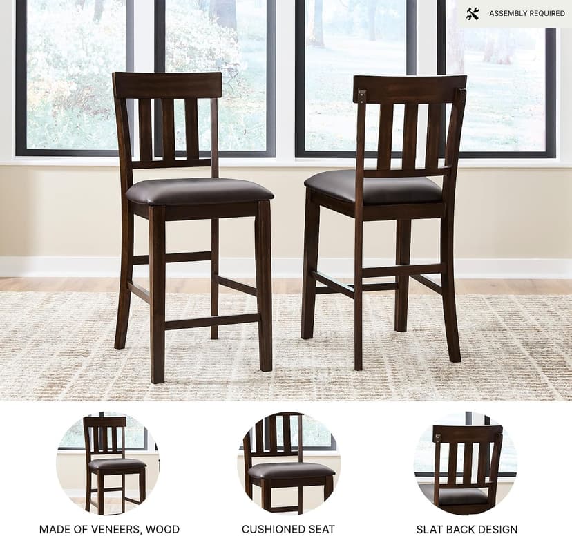 Signature Design by Ashley Haddigan Upholstered Barstool, 2 Count, Slat Back Design, Cushioned Seat, Wood, 25.5" H, Dark Brown