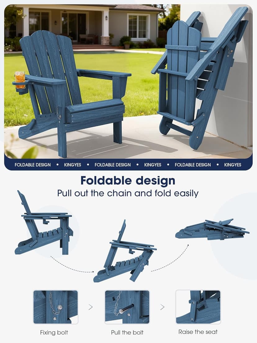 KINGYES Folding Adirondack Chair Set of 2, HDPE All-Weather Patio Chairs with Cup Holder, Wooden Textured Fire Pit Chairs Recliner for Poolside, Backyard, Deck, Navy