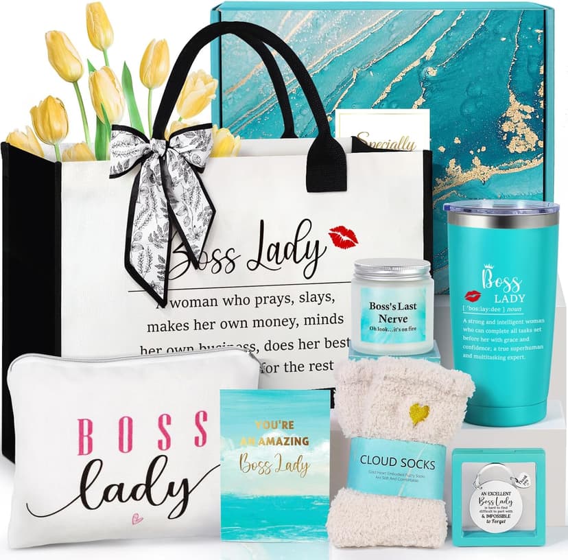 Boss Lady Gifts for Women, Bosses Day Gifts for Women, Best Boss Christmas Gift with Canvas Tote Bag, Funny Cool Box for Bosses Female, Office Leader Appreciation Gift for Birthday Boss's Day