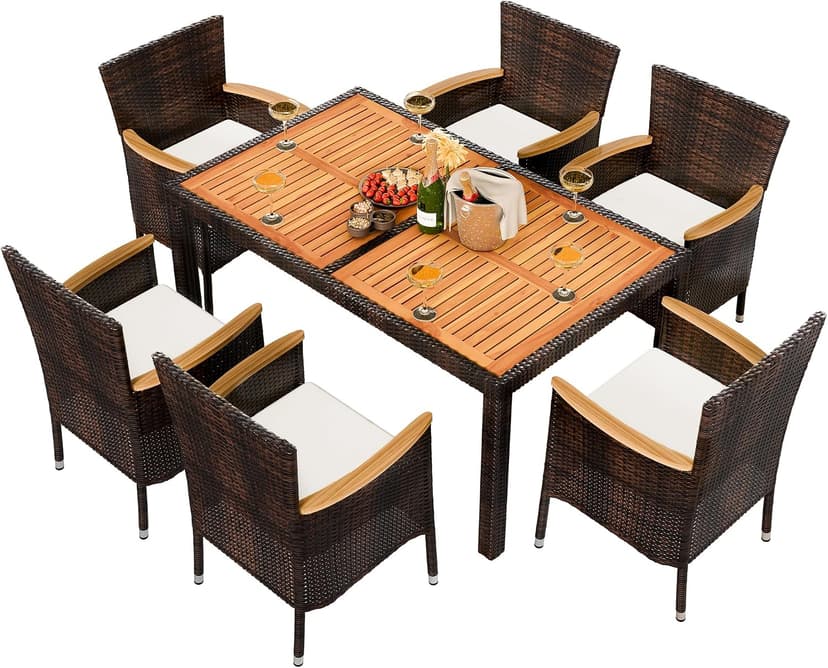 Shintenchi 7 Piece Patio Dining Set, Wicker Patio Conversation Set with Wooden Table Top, Outdoor Table and Chairs with Soft Cushions for Backyard, Deck and Garden, Brown Rattan