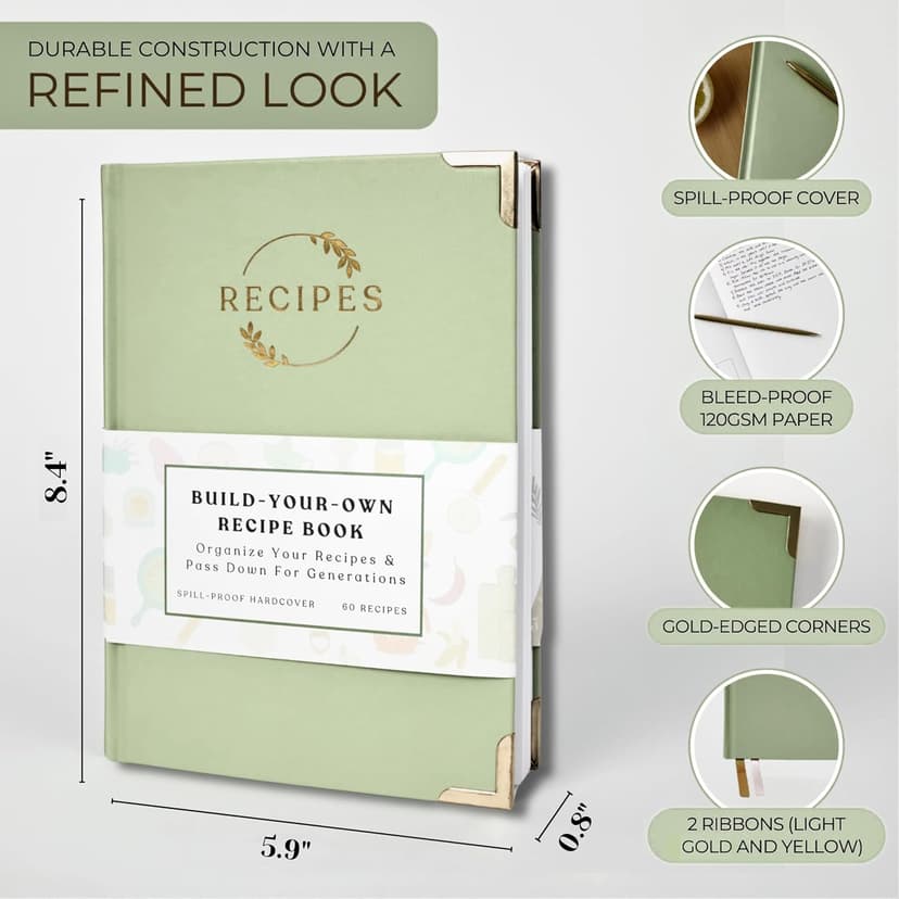 Blank Recipe Notebook | Small Blank Recipe Book to Write in Your Own Recipes | Artisan Hardcover Journal for 60 Recipes | 8.4” x 6” Leather Sage Green & Gold Hardcover | Tabs, Stickers, Pocket & Bookmarks B0D9KZP8TG
