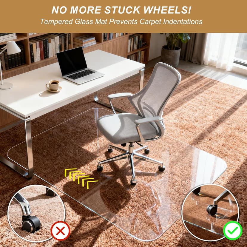 Vicwe Glass Chair Mat for Carpet,32"x48" Tempered Glass Office Chair Mat,1/5" Thick Glass Chair Mat with Rounded and Polished Edges,Smooth Glide for Carpet & Hardwood Floor Protection