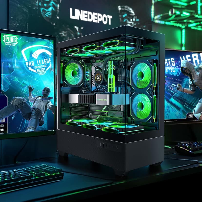 Gaming PC Case, Type-C ATX Computer Case with 6 PWM ARGB Fans Pre-Installed, Full Tower PC Case Full-View Dual Tempered Glass, Black(H2)