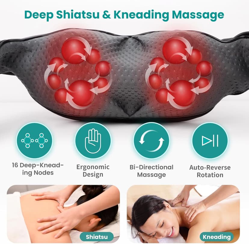 Nekteck Shiatsu Neck Massager for Pain Relief Deep Tissue with Heat, 3D Kneading Massage Pillow Back Shoulder Massagerfor Body Muscle, Plug-in Use for Home Office Car, Gifts for Mom Dad Him Her