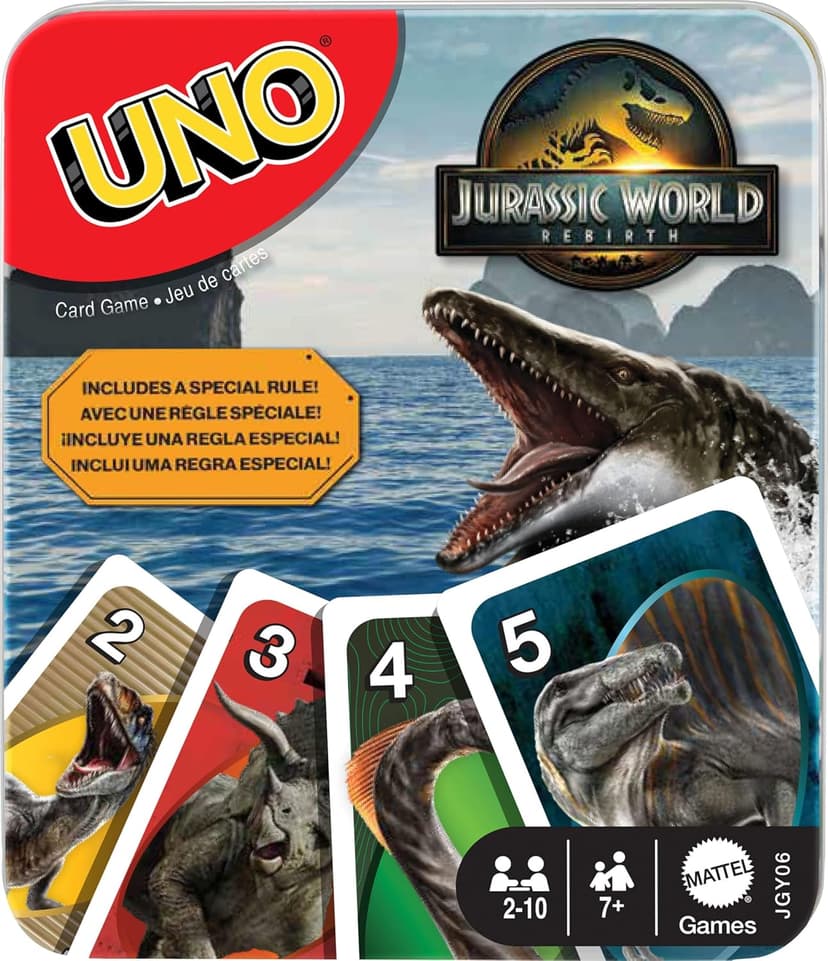 Mattel Games UNO Jurassic World Rebirth Card Game in a Collectible Tin for Kids, Adults & Family with Special Rule & Images Inspired by the Movie