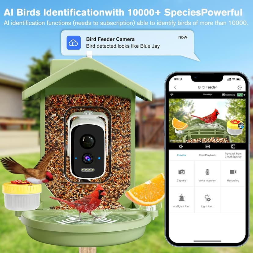 Smart Bird Feeder with Camera Solar Powered, AI Birds Species Identification, 2.5K HD Video Bird House with Camera for Outside, Weatherproof Design Ideal Gifts for Christmas, Bird Lovers, Green