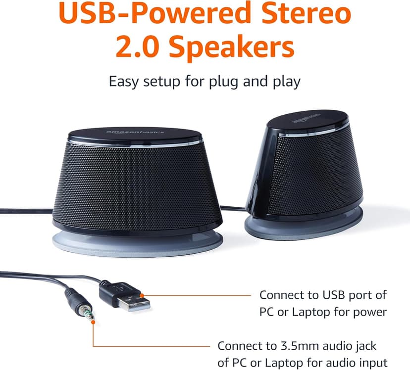 Amazon Basics Stereo 2.0 Speakers for PC or Laptop with Volume Control, 3.5mm Aux Input, USB-Powered, 1 Pair, Black