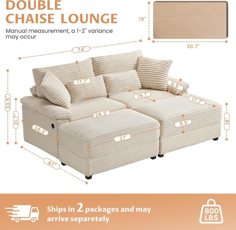 SUNWAVE 74" W Double Chaise Lounge Chair Indoor, Oversized Loveseat with Storage Ottoman, Corduroy Couch with USB Charging, Removable Ottoman, and Coffee Table Cushions for Living Room Bedroom