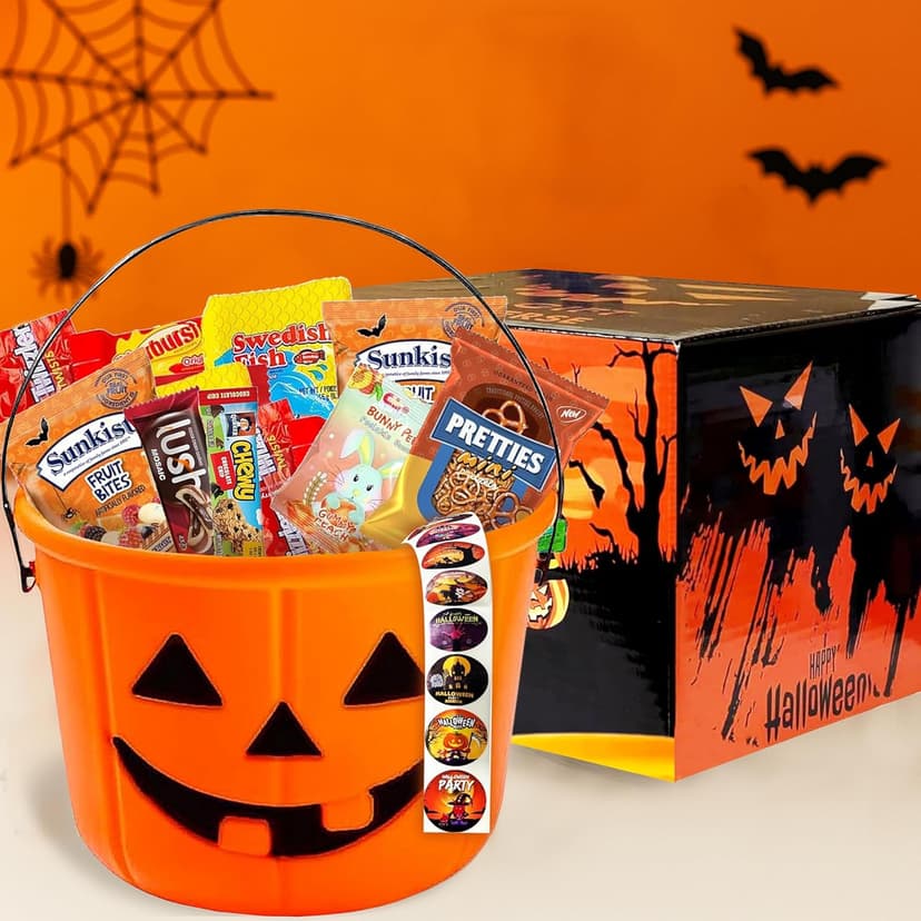 Halloween Assorted Pumpkin Bucket (44 Count) Filled with Candies, Snacks, Cookies and more, Treats for Family, Friends, Kids, Boys and Girls