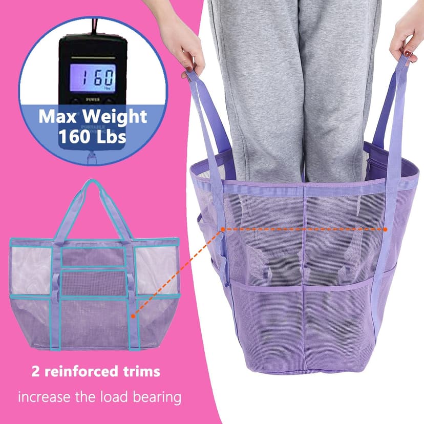 Fammart Mesh Beach Bag with Zipper, Large Beach Tote for Women, Toys Pool Swim Bag Travel Vacation Cruise Essentials