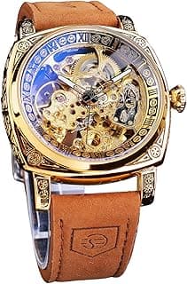 FORSINING Watches for Man, Square Retro Mechanical Watch Self-Wind Carved, Skeleton Automatic Watches Vintage Leather Strap Wristwatch