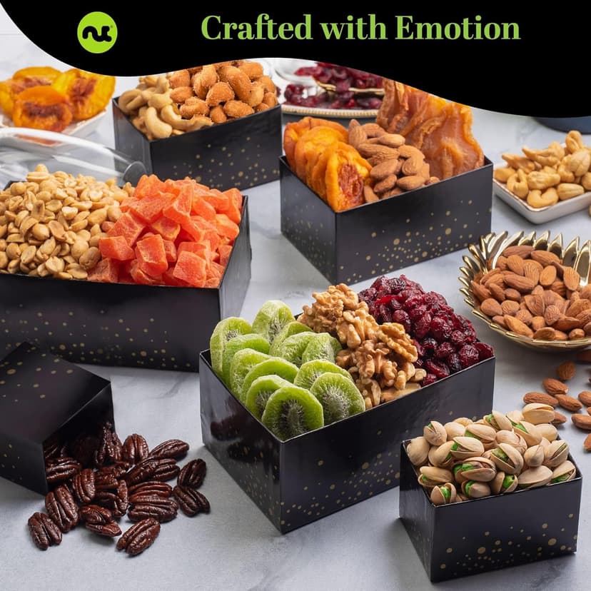 NUT CRAVINGS - Diwali Sweets Hamper Dried Fruit & Mixed Nuts Gift Basket in Black Tower + Ribbon (12 Assortments) Food Arrangement, Healthy Snack Care Package, Food Assortments