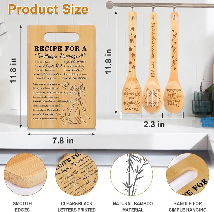 Bride to Be Gifts, Happy Marriage Wedding Cutting Board, Spoon, Shovel, Leaky Spoon and Card, Engagement Gifts for Couples Wedding Gifts for Couples 2026, Bridal Shower Gifts Cutting Board Set B0HCVGS2TF