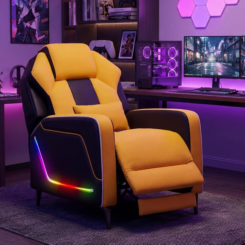 URRED Gaming Recliner Chair with LED Lights, Ergonomic Video Game Reclining Chair with Footrest, Lumbar Pillow, Side Pocket, Home Theater Recliner for Living Room, Bedroom, Gaming Room (Yellow)