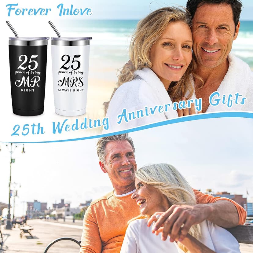 25th Anniversary Cups for Couples Travel Tumbler Wedding Engagement Coffee Mug for Husband Wife Newlywed Bride Groom Cunhill 2 Pcs 25th Wedding Anniversary Tumblers Mr and Mrs Cups Set 20 oz B0B718Y7F6