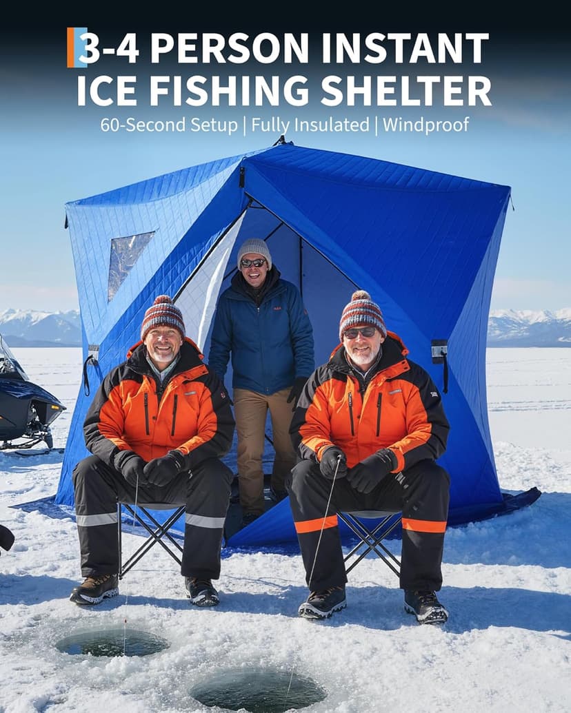 3-4 Person Pop-Up Ice Fishing Shelter – Portable Windproof & Insulated Hub-Style Shelter with 210d Oxford Fabric | Includes Anchors, Ropes & Carry Bag | Quick-Setup Ice Shanty for Winter Fishing