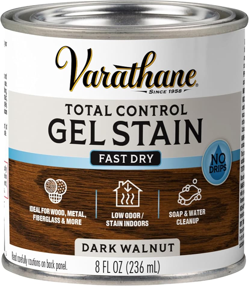 Varathane Total Control Gel Stain | Low Odor Water-Based Formula | Thick Gel Formula for Vertical Surfaces | Ideal for Wood, Metal & Fiberglass | Half Pint | Dark Walnut