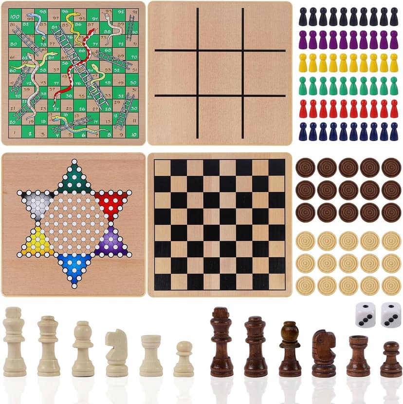 Glintoper 5-in-1 Wooden Board Game with 2 Reversible Boards for Chess, Checkers, Chinese Checkers, Snakes and Ladders, Tic Tac Toe, Tabletop Combo Classic Portable Board Games for Kids to Adult