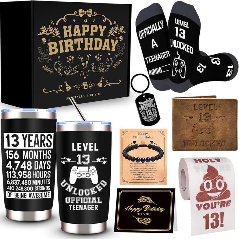 JTAMOHI 8 Pcs Happy 13th Birthday Gifts for Boys, 13 Year Old Boy Birthday Gifts Ideas with 20 Oz Tumbler, Funny Socks, Toilet Paper, Teen Wallet, Bracelet, Keychain for Son, Nephew, Grandson, Brother B0DSPNCMLB
