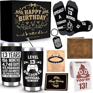 JTAMOHI 8 Pcs Happy 13th Birthday Gifts for Boys, 13 Year Old Boy Birthday Gifts Ideas with 20 Oz Tumbler, Funny Socks, Toilet Paper, Teen Wallet, Bracelet, Keychain for Son, Nephew, Grandson, Brother B0DSPNCMLB