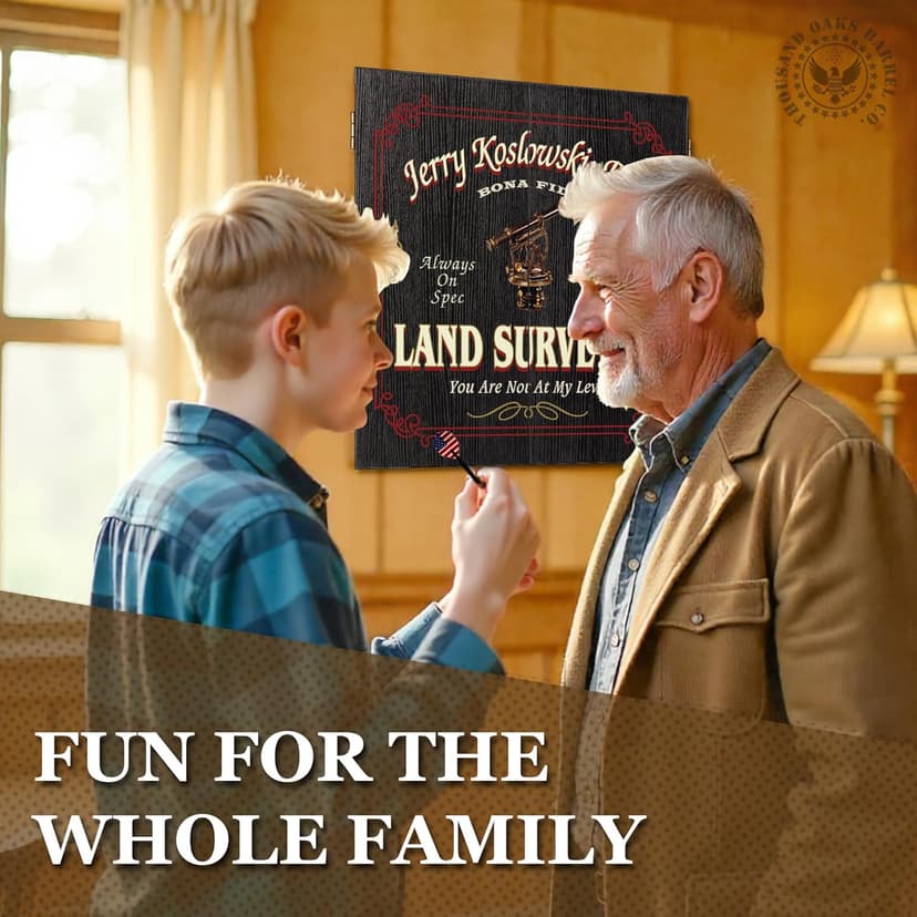 Personalized Dart Board Cabinet Set with 6 Steel Tip Darts, Paper Fibre Dartboard, Chalk & Eraser (21.5 x 21.5 x 2.75") - Occupational Man Cave Dart Boards for Adults - Land Surveyor (412)