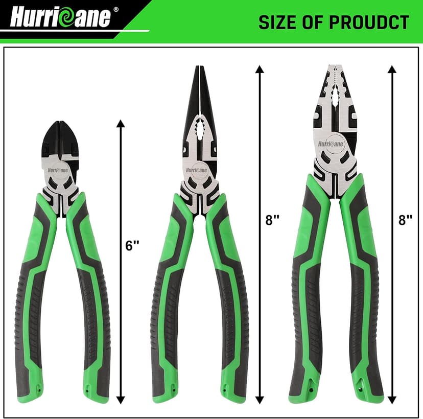 HURRICANE 3-Piece Pliers Set - Heavy-Duty with 8-Inch Linesman, Needle Nose Pliers and 6-Inch Diagonal Cutters for Basic Repair