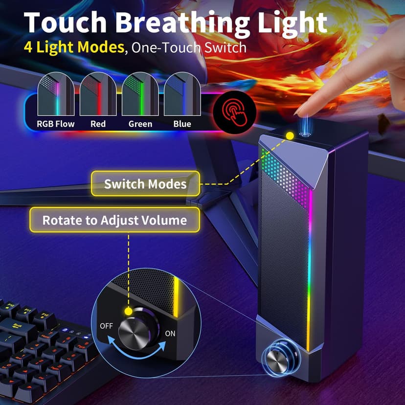 Computer Speakers, 2 in 1 PC Speaker , Gaming Speakers for PC Computer Laptop Desktop Monitor, RGB Speakers with Touch Sensitive Lighting, USB Powered 3.5mm Aux(Package Only Two Speaker, No Soundbar)