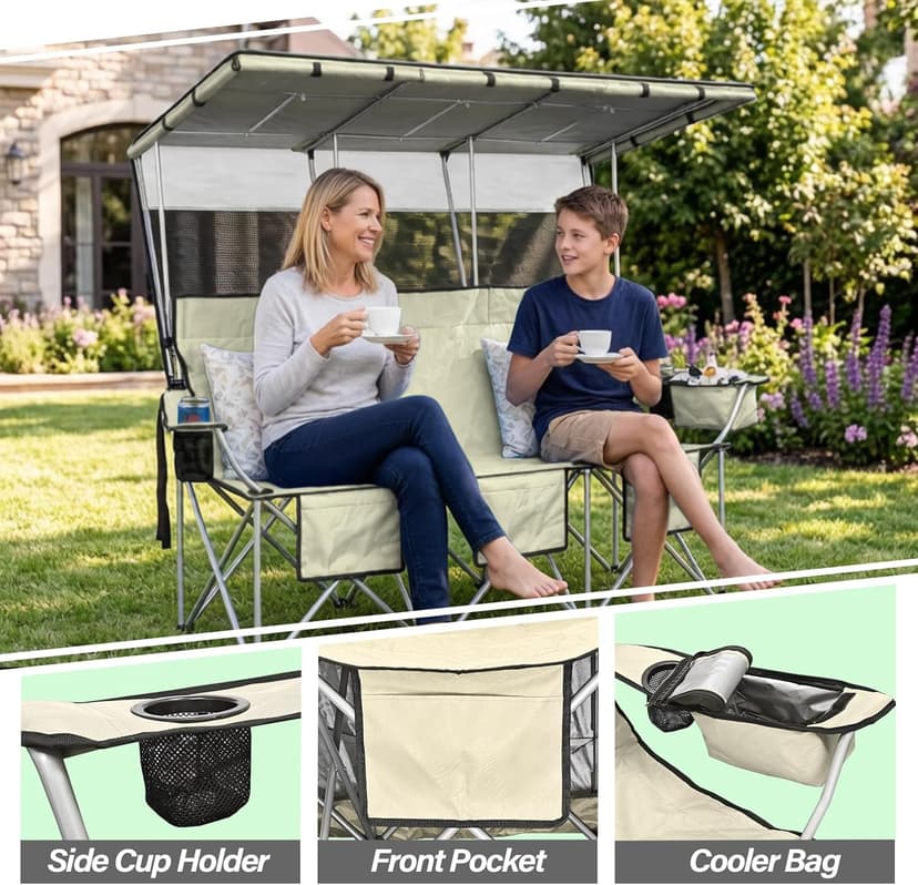 BDL 3 Person Camping Chair with Canopy Shade, Oversized Heavy Duty Camping Chair with Cup Holders & Ice Bag Portable Family Folding Chair for Outdoor, Lawn & Sports,White