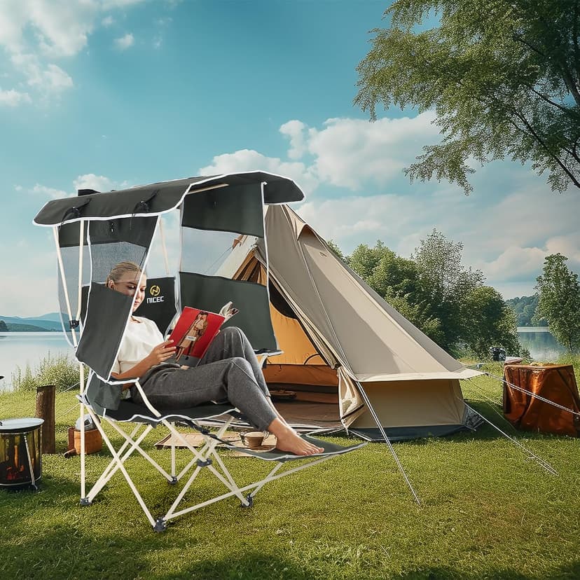 Nice C Chair with Canopy, Umbrella Chairs, Chair with Shades, Sports Chairs, w/Removable Footrest, Cooler Bag, Cup Holder for Camping, Fishing, Sports, Soccer, Beach (1-P Green)