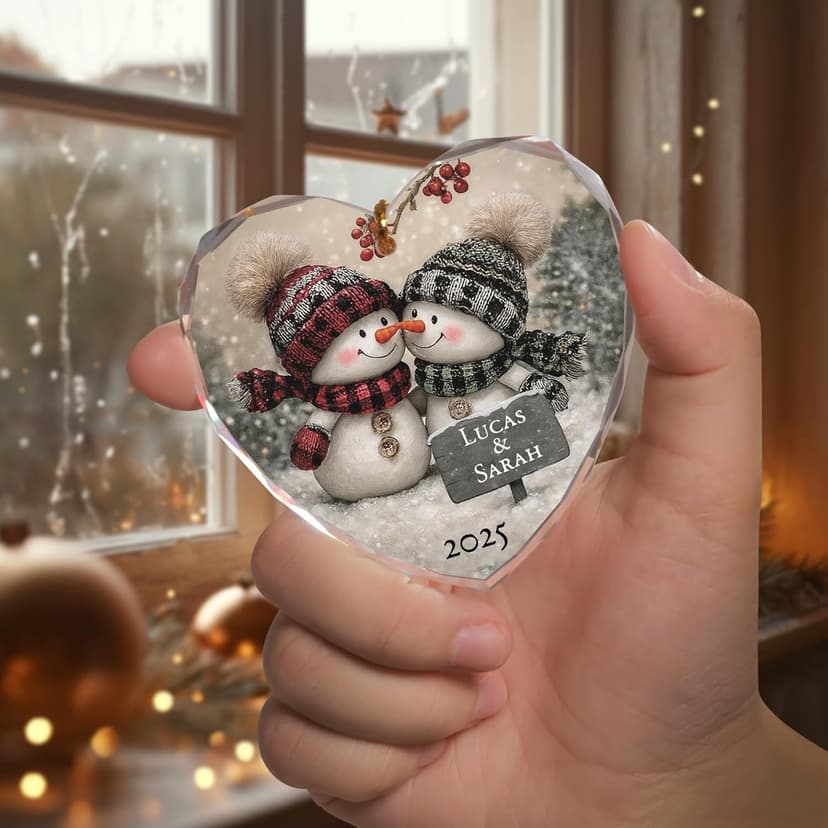 Noni Personalized Couple Heart Glass Ornament, Custom Names Printed and Year 2025, Snowman Couple Art Clear Faceted Tree Keepsake, Gifts for Couples, Gifts for Christmas