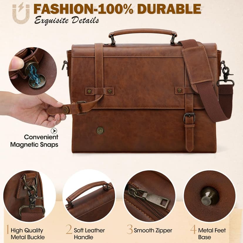 RAINSMORE Mens Messenger Bag 17 Inch Waterproof Vintage Leather Laptop Briefcase Large Laptop Bag Satchel Bag Computer Shoulder Bag for Office Business Travel College,Brown