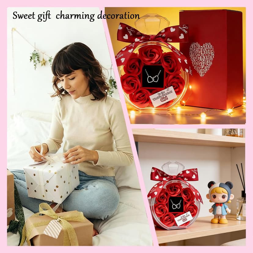 Anniversary Cute Women Artificial Soap Rose Flowers with Double Heart Necklace Present Gifts for Girlfriend Valentines Day Birthday Gift B0GW7XRWSC