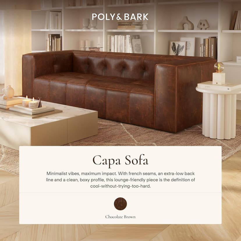 POLY & BARK Capa 96.5" Sofa – Chocolate Brown Full-Grain Pure-Aniline Italian Leather, Boxy Modern Design, Feather-Fiber Cushions, Solid Wood Frame