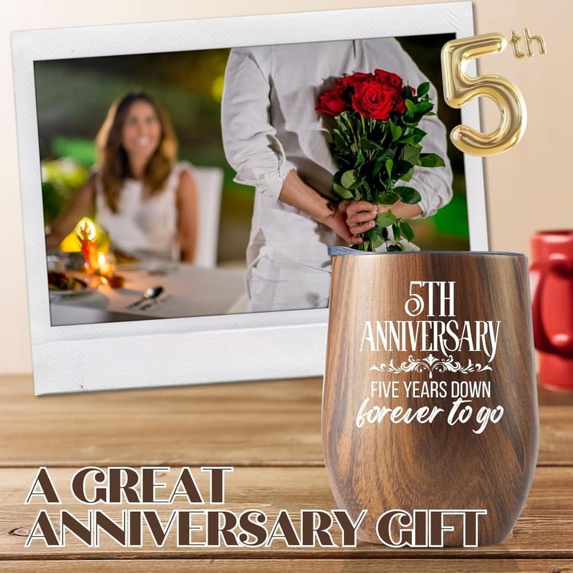 Onebttl 5 Year 5th Anniversary Wood Gift for Him, Husband, Wife, Her, 12oz Wood-grain Stainless Steel Insulated Tumbler for Marriage, Wedding