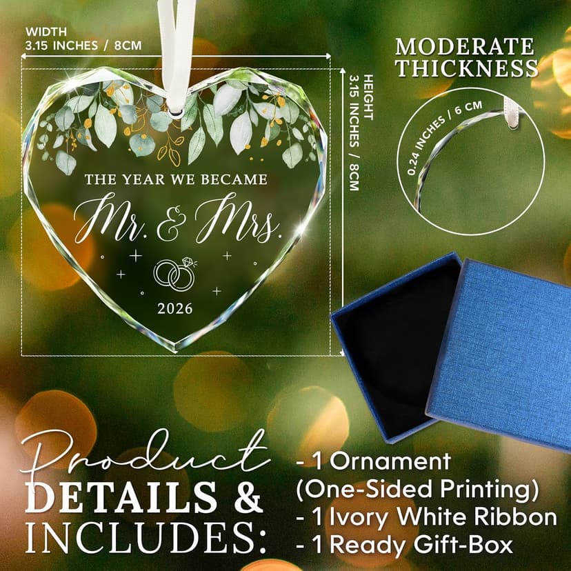 HEXMOZ Wedding Gifts for Couples 2025 - Mr and Mrs Gifts - Bridal Shower Gift, Wedding Ideas for Newly Wed, Bride, Future Mr Mrs - Just Married Glass Ornament 2025, 1st Married Couple Christmas Decor