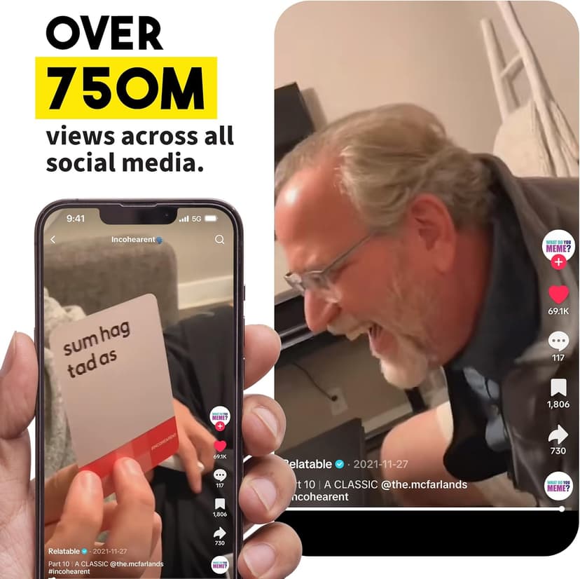 WHAT DO YOU MEME? Incohearent, The Guess The Gibberish Party Game by Relatable, A Funny Card Game for Adults, Great for Game Night Games, Includes 400 Cards, Instructions, and 1 Sand Timer