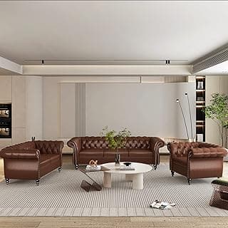 ORRD 3 Piece Living Room Set, Chesterfield Leather Sofa Loveseat Couch Chair with Scroll Arms and Nailhead for Living Room, Office (Dark Brown)