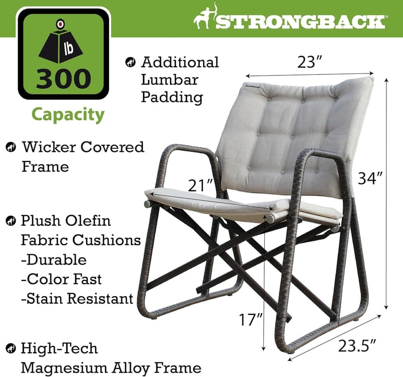 STRONGBACK Folding Patio Chair - Ergonomic Design for Back Pain Relief - 21" Seat Width/300 lb Capacity - Plush Olefin Cushions/Durable Magnesium Alloy Frame - Lightweight/Portable Outside Chairs