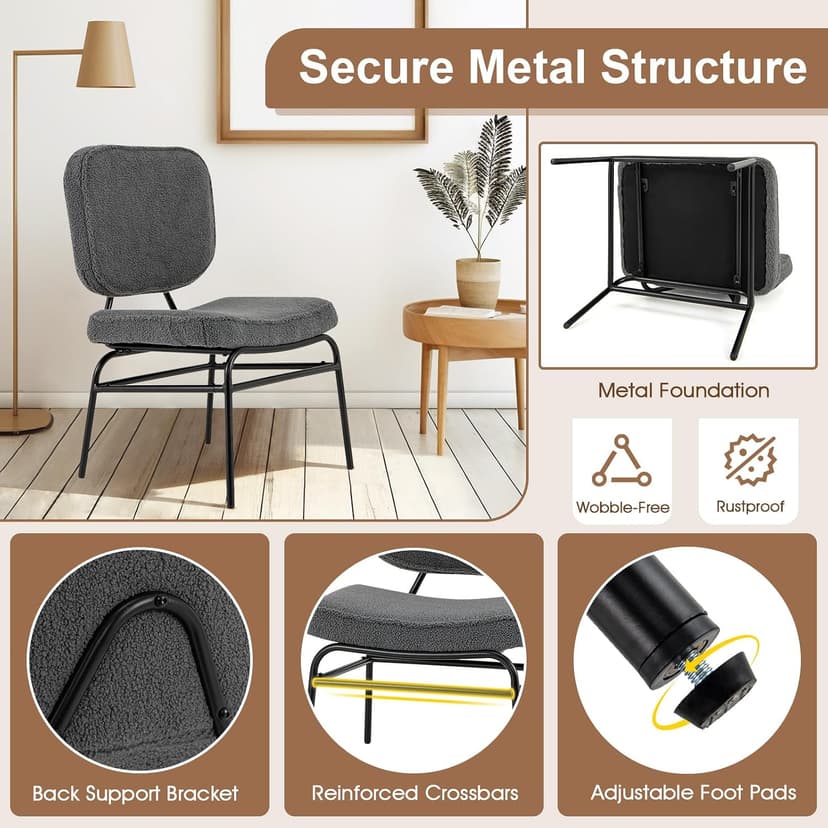 Giantex Modern Armless Accent Chair - Sherpa Reading Chair with Sponge Padding, Adjustable Foot Pads & Metal Frame, Upholstered Side Chair for Living Room, Bedroom & Reading Room, Grey