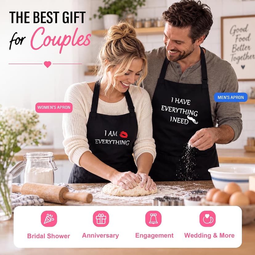 YIKA® Apron Couples, Christmas Gifts for Couples: Waterproof Aprons for Women Men, with Adjustable Neck Strap with Extra Long Ties, 2 Pockets (Black)