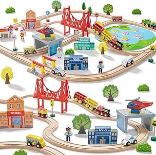 Tiny Land 110PCS Wooden Train Set – Toy Train with Tracks for Kids Ages 3-7, Compatible with Major Brands, Ideal Railway Playset for Boys and Girls, Great Birthday