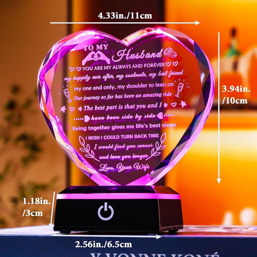 YWHL Gifts for Husband from Wife with Colorful LED Base Anniversary Birthday Gifts for Husband to My Husband Crystal Heart keepsake I Love You Gifts for Him on Valentine Christmas Fathers Day B0D86M2CG9